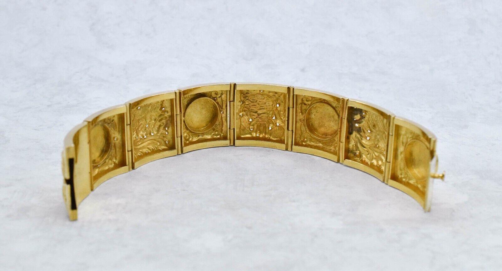 18k Yellow Gold Asian Plaque Hinge Cuff Bracelet, 6.5 inches - 37.0g For Sale 1