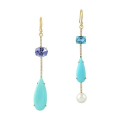 18K Yellow Gold Asymmetric Drop Earrings with Tanzanite, Topaz, Turquoise