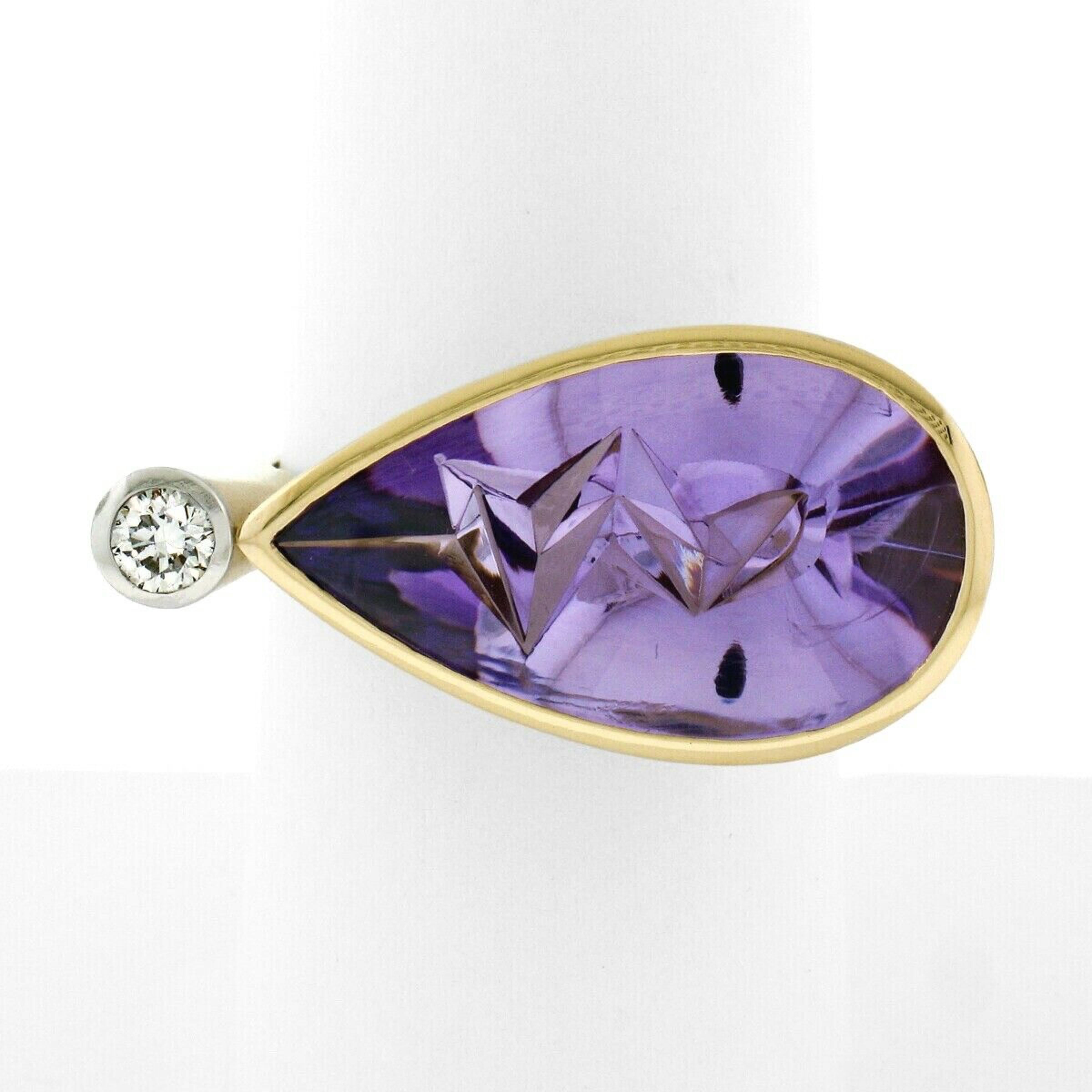 18k Yellow Gold Atelier Munsteiner Icicle Cut Amethyst Diamond Ring w/ Papers In Excellent Condition In Montclair, NJ