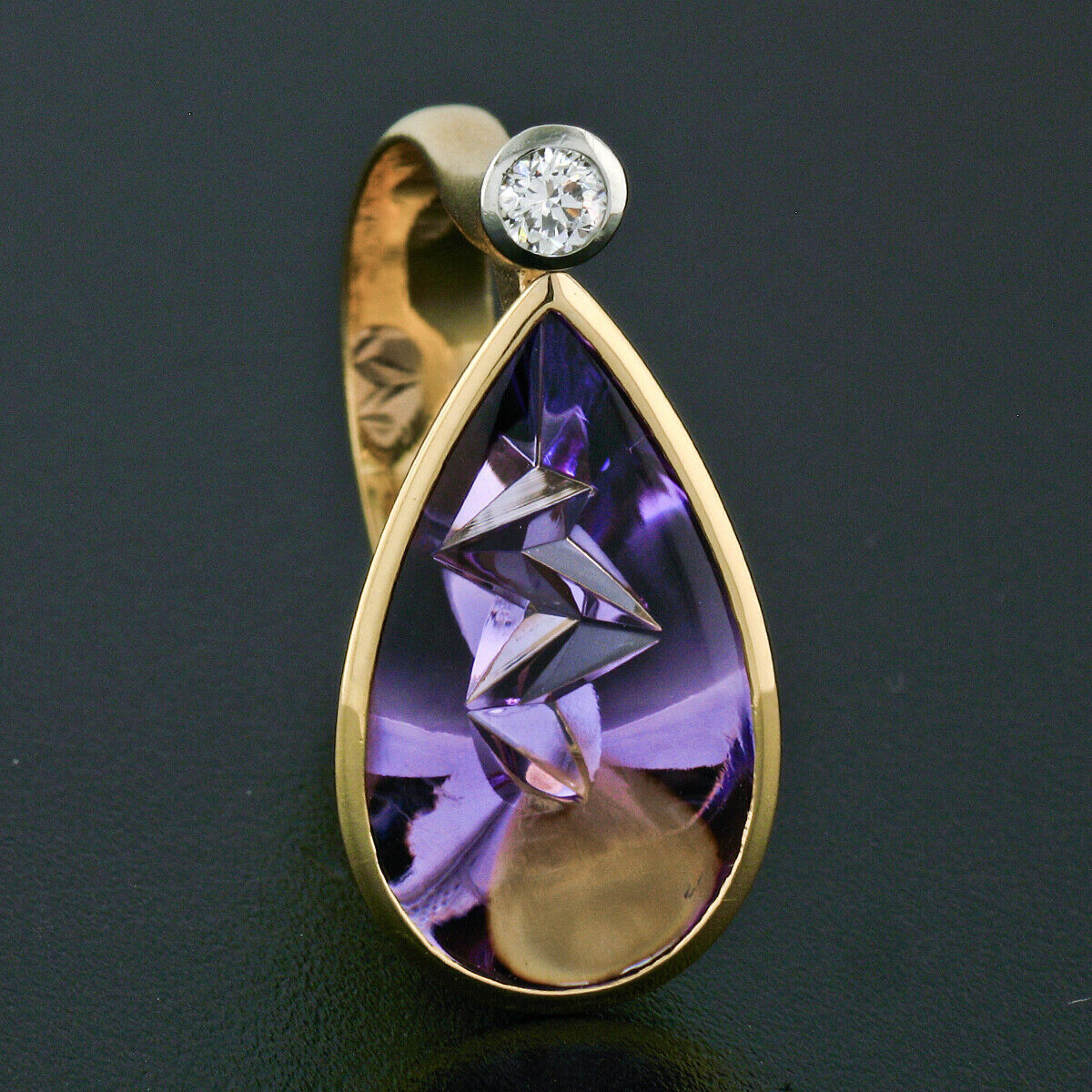 Women's 18k Yellow Gold Atelier Munsteiner Icicle Cut Amethyst Diamond Ring w/ Papers