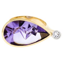 Retro 18k Yellow Gold Atelier Munsteiner Icicle Cut Amethyst Diamond Ring w/ Papers