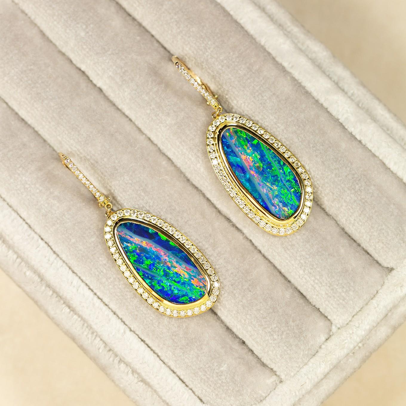 18K Yellow Gold Australian Boulder Opal Diamond Earrings For Sale 3