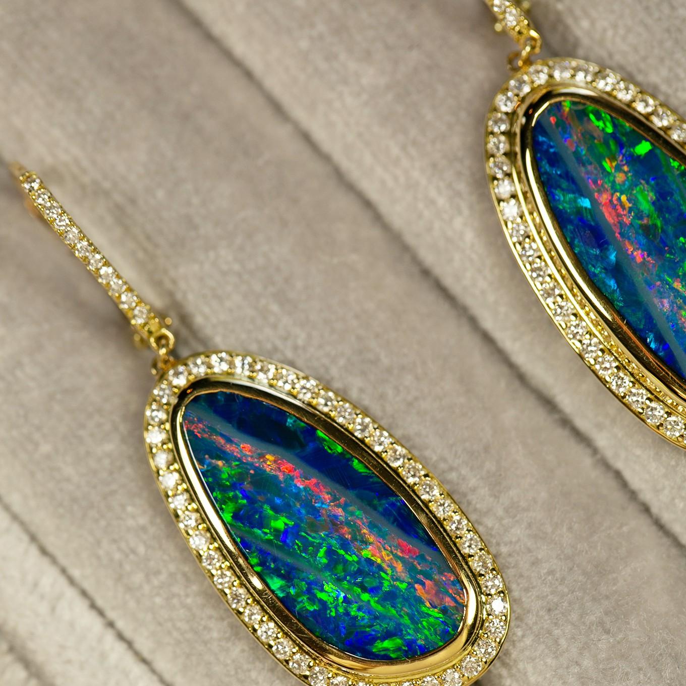18K Yellow Gold Australian Boulder Opal Diamond Earrings For Sale 5