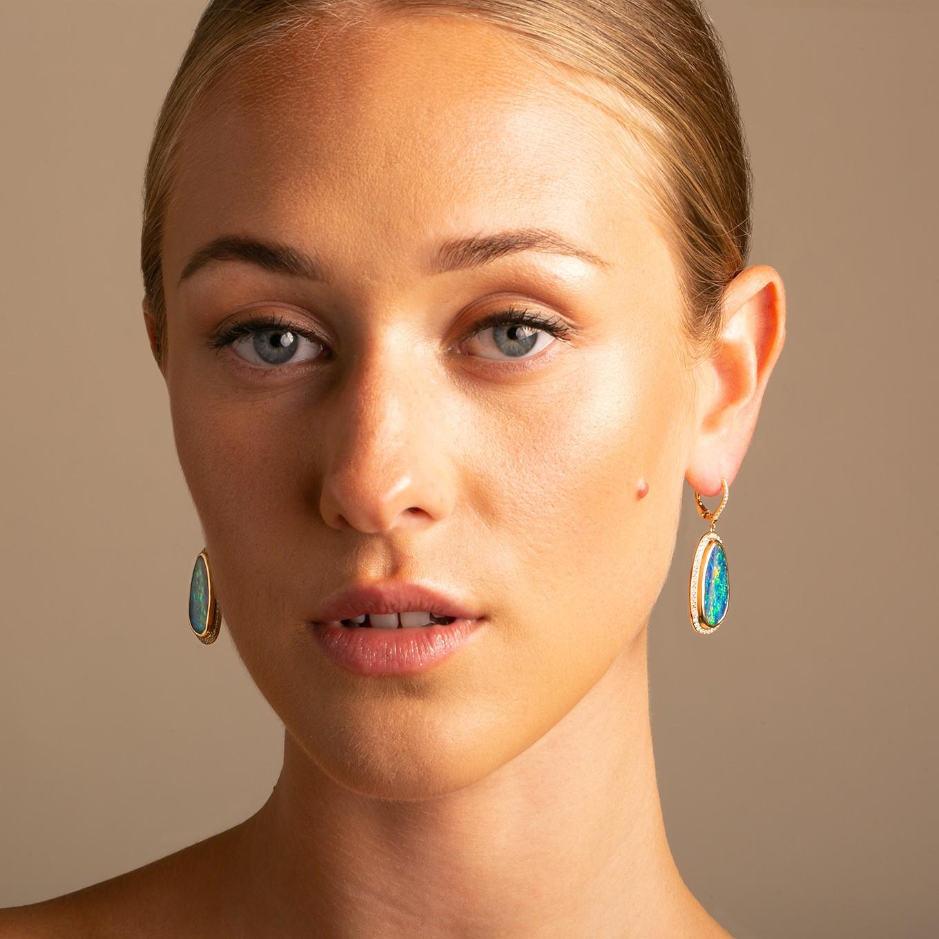 Women's 18K Yellow Gold Australian Boulder Opal Diamond Earrings For Sale