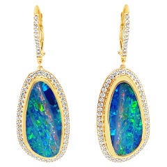 18K Yellow Gold Australian Boulder Opal Diamond Earrings