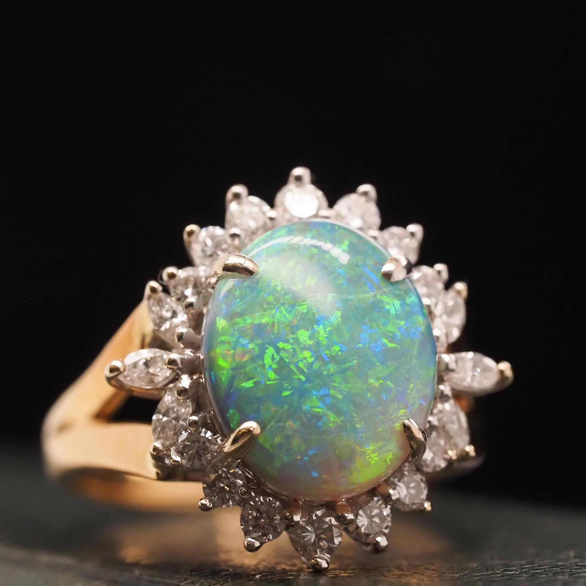 Brilliant Cut 18K Yellow Gold Australian Opal and Diamond Ring For Sale