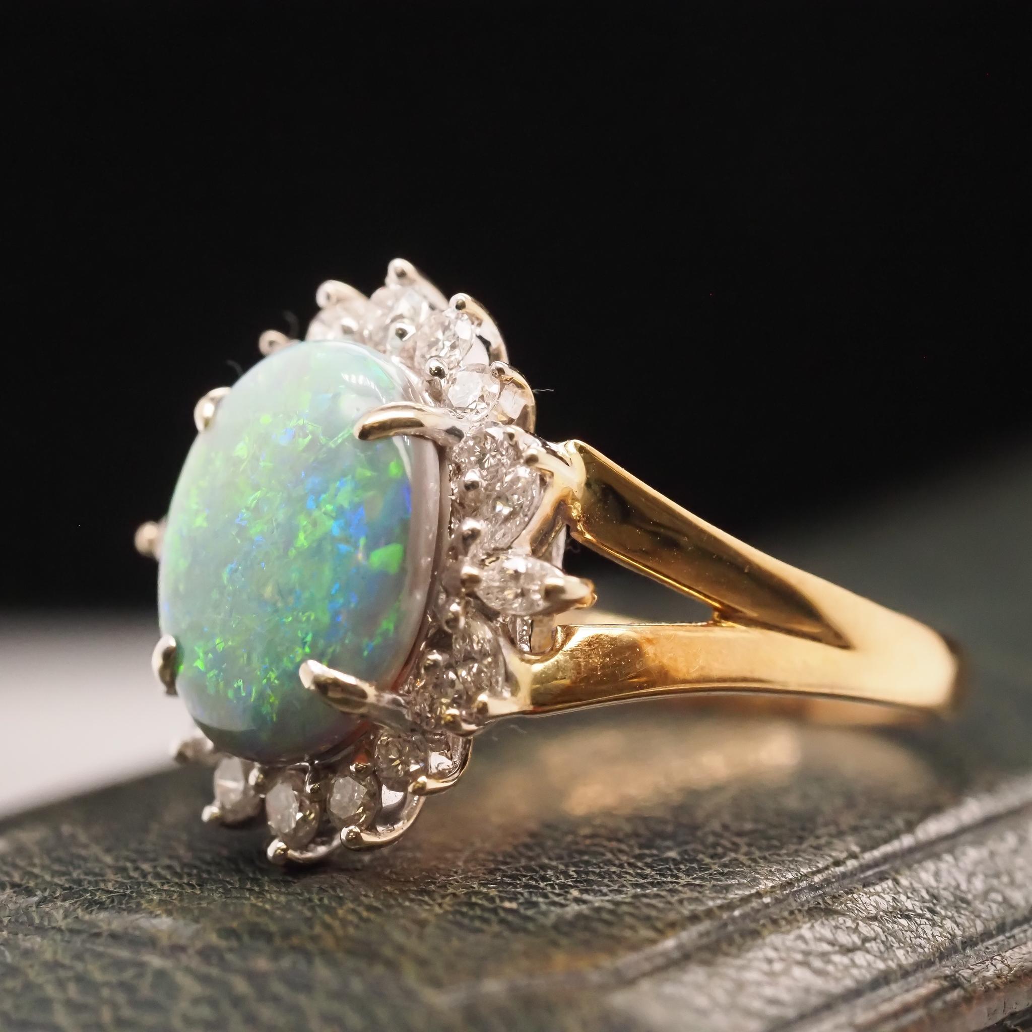 18K Yellow Gold Australian Opal and Diamond Ring For Sale 1