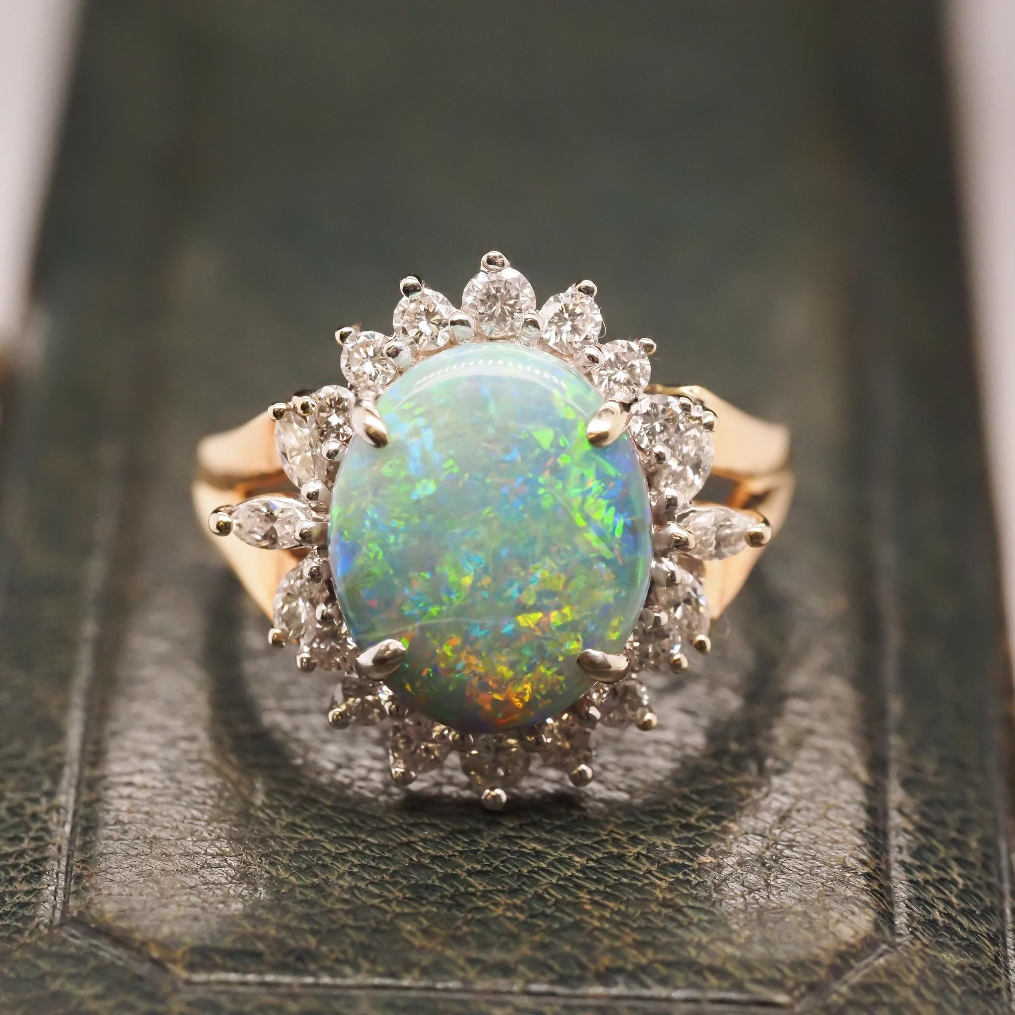 18K Yellow Gold Australian Opal and Diamond Ring For Sale 2
