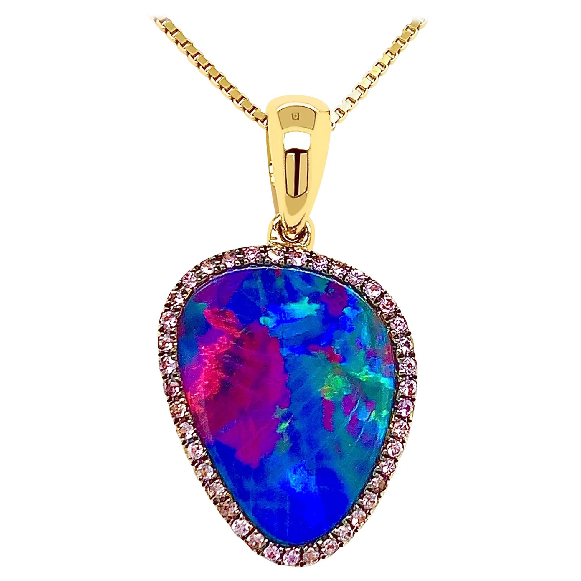 Australian 4.87ct Premium Opal Doublet and Diamond Necklace in 18K Yellow Gold