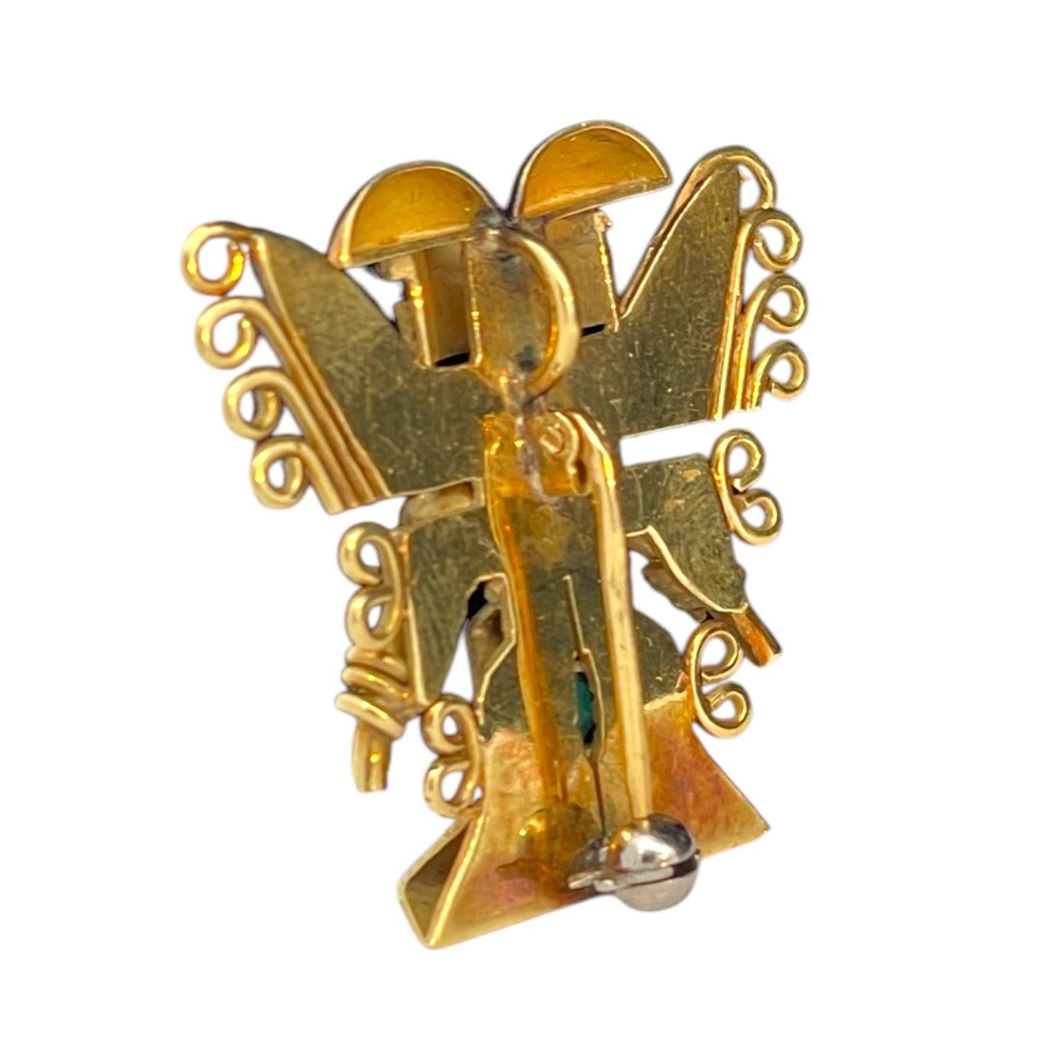 Emerald Cut 18k Yellow Gold Aztec Figure Brooch Pendant Convertible For Sale