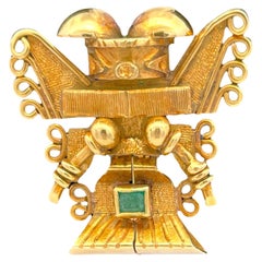 18k Yellow Gold Aztec Figure Brooch Pendant Convertible
