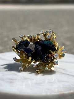 Ed Weiner Vintage 1970er Jahre Azurit, Quarz und Diamant 18k Gelbgold Brosche