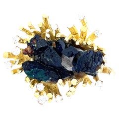 Ed Weiner Broche vintage des années 1970 en or jaune 18 carats avec azurite, quartz et diamants