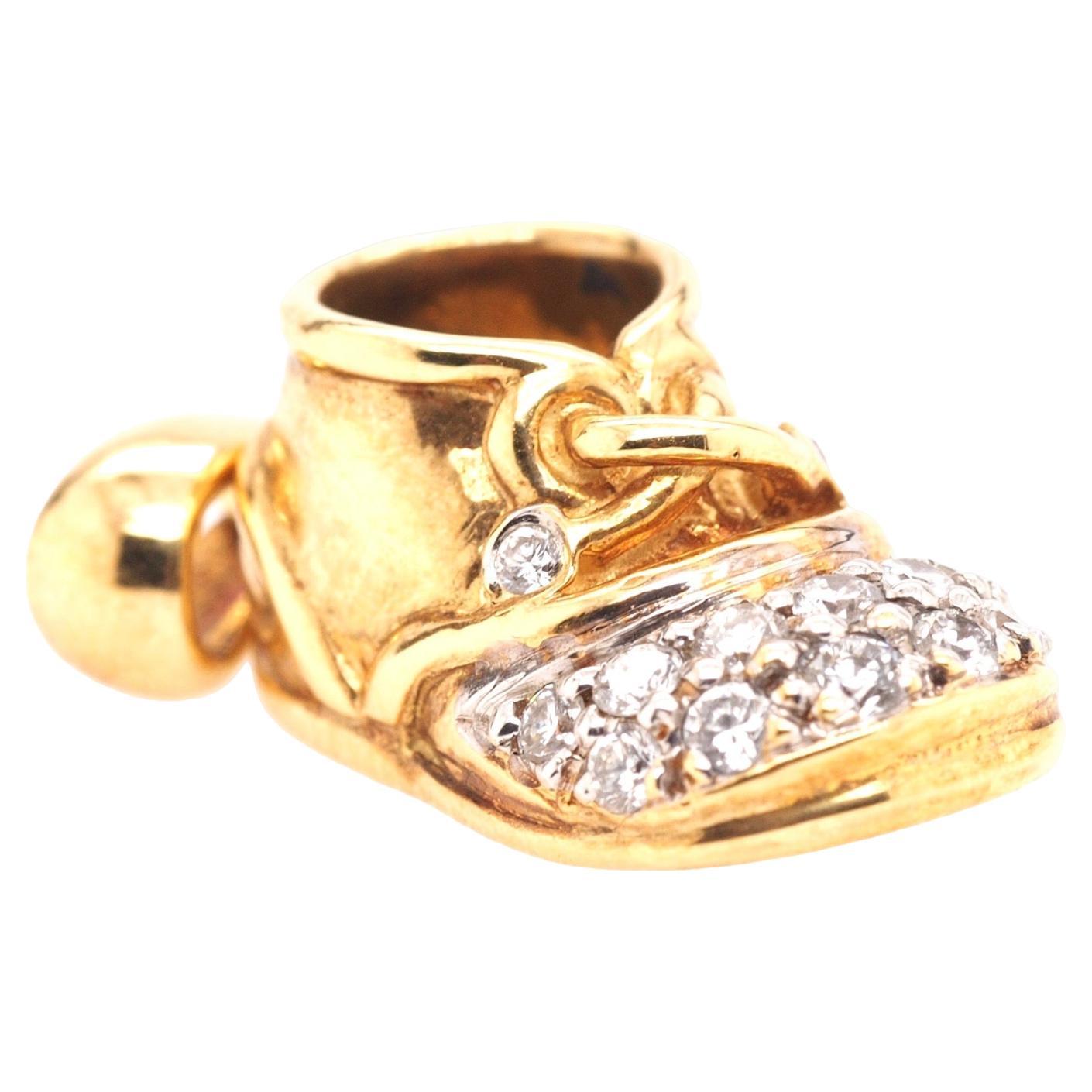 18K Yellow Gold Baby Boots Diamond Pendant & Charm For Sale