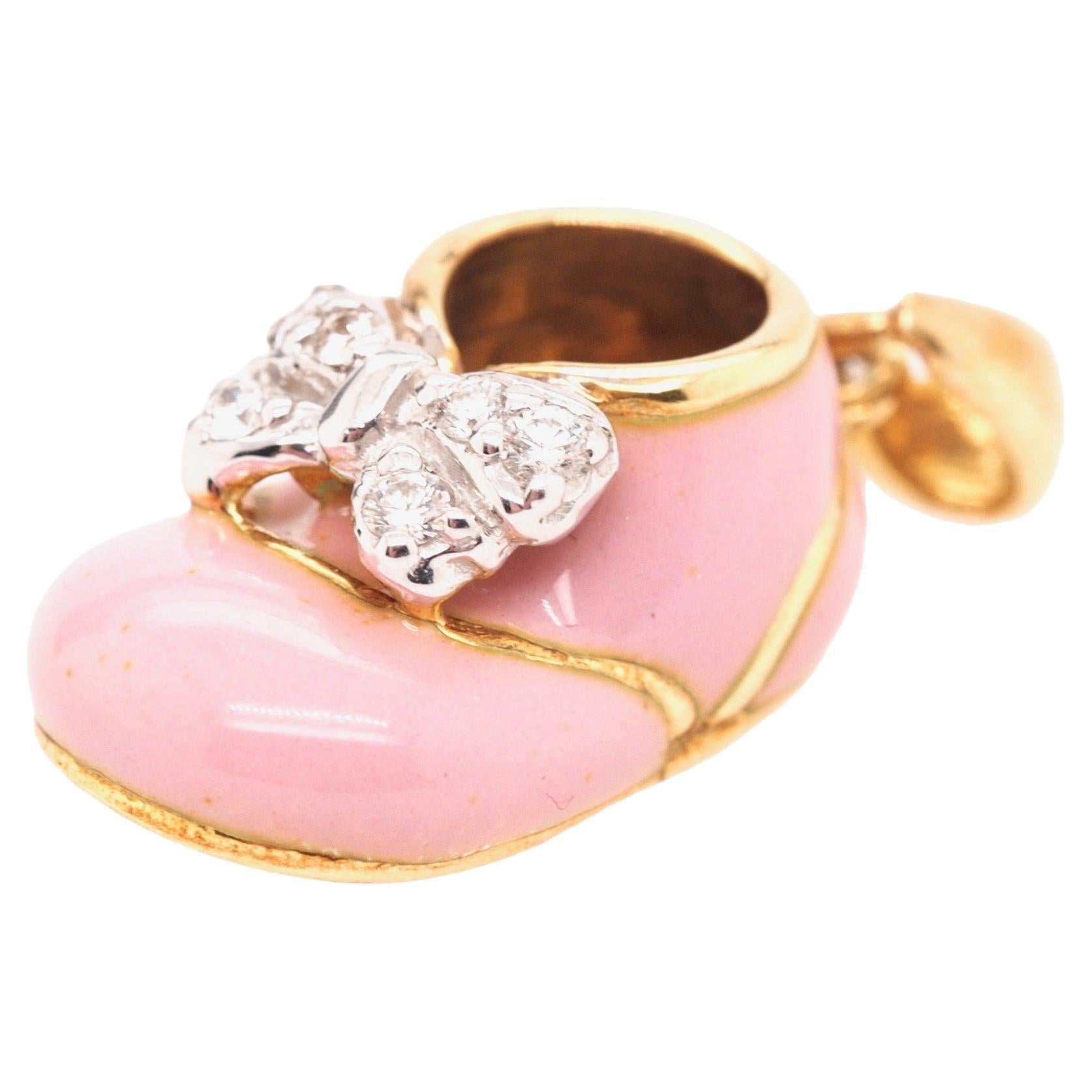 18K Yellow Gold Baby Boots Pink Enamel, Diamond Pendant & Charm For Sale