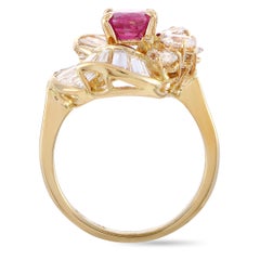 18 Karat Yellow Gold Baguette and Marquise Diamonds and Ruby Ring