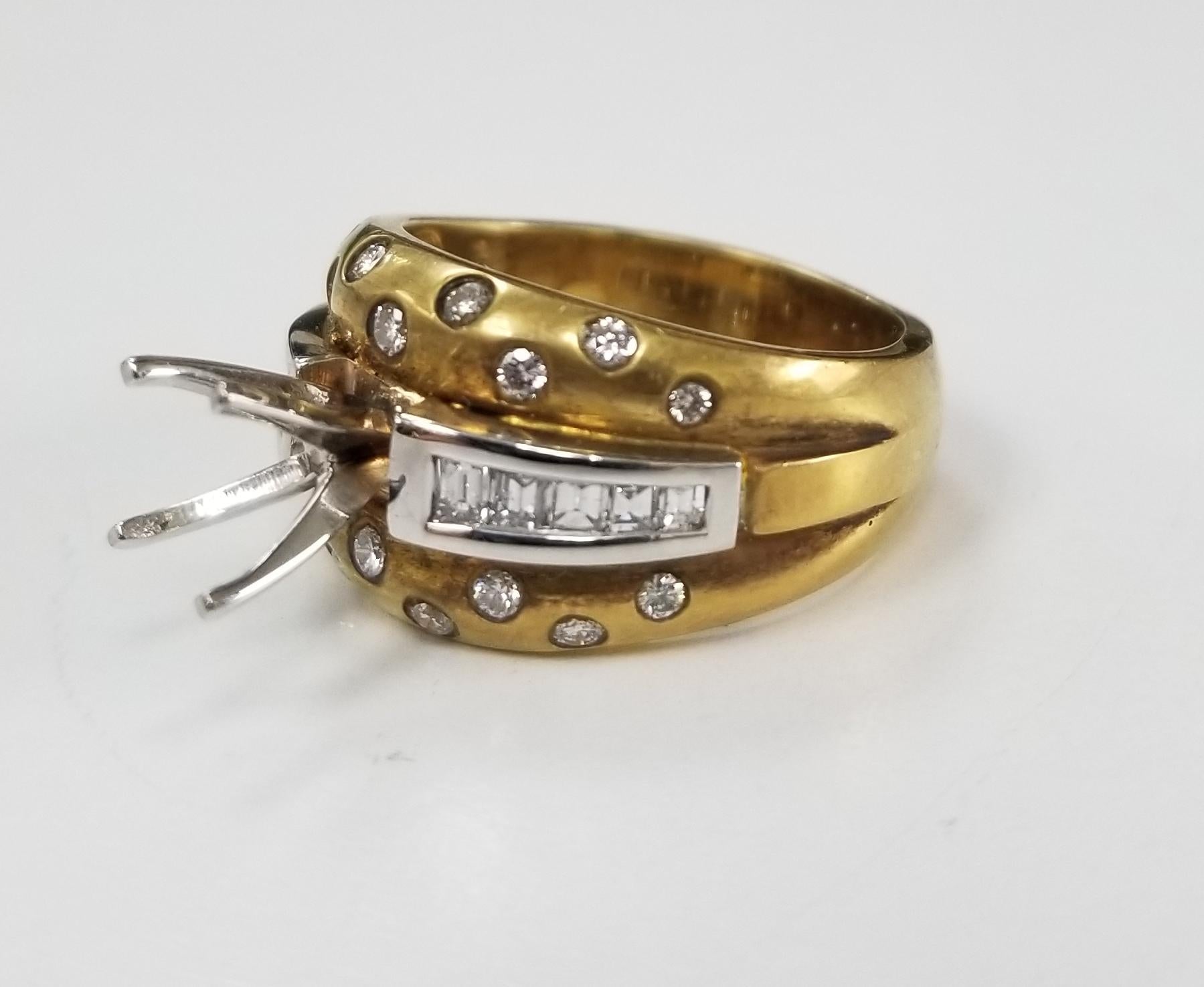 18k yellow gold baguette and round channel-bezel set satin finish ring, containing 10 baguette and 18 round full cut diamond; color 