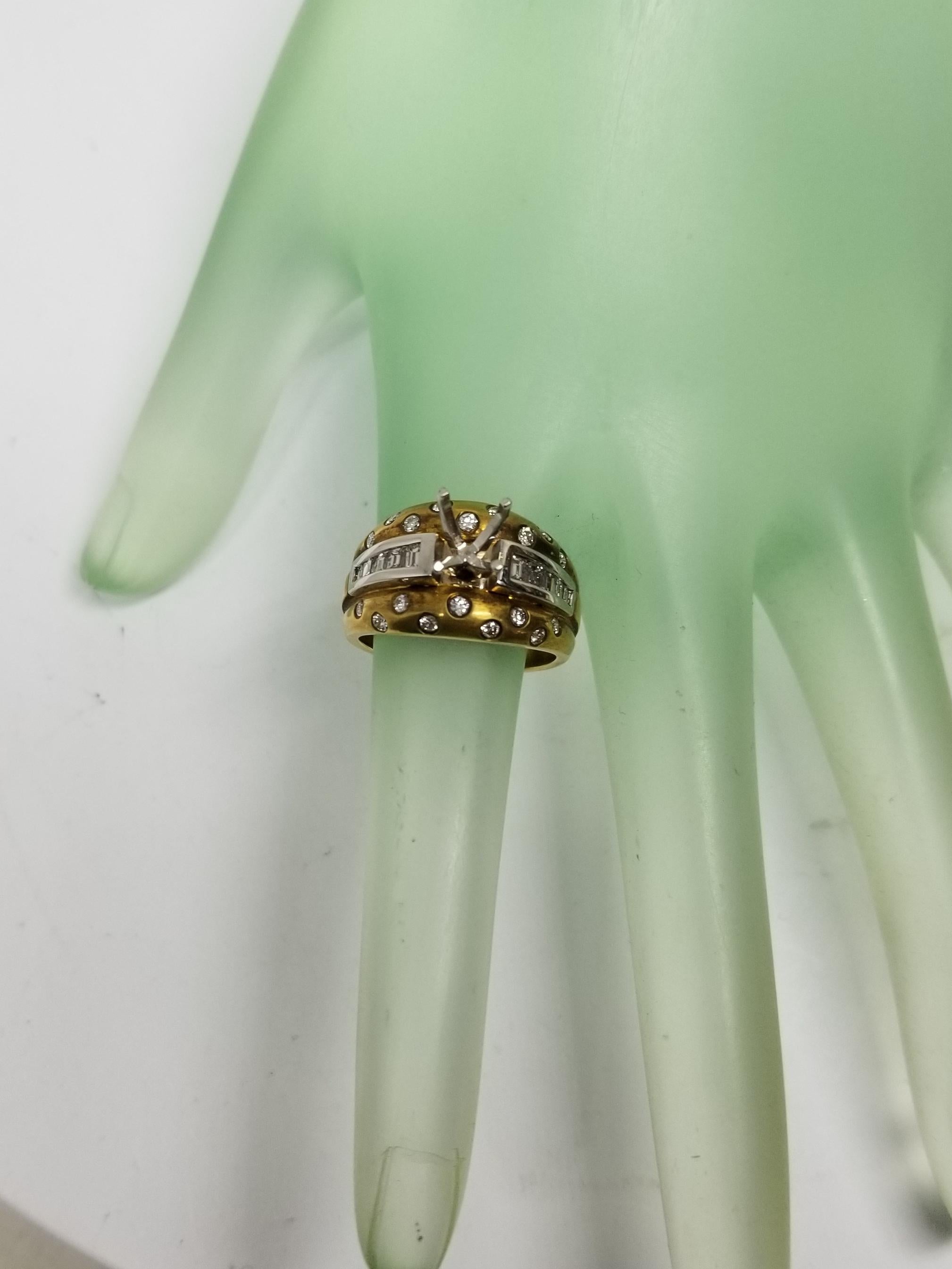 18 Karat Yellow Gold Baguette and Round Channel-Bezel Set Satin Finish Ring In New Condition For Sale In Los Angeles, CA
