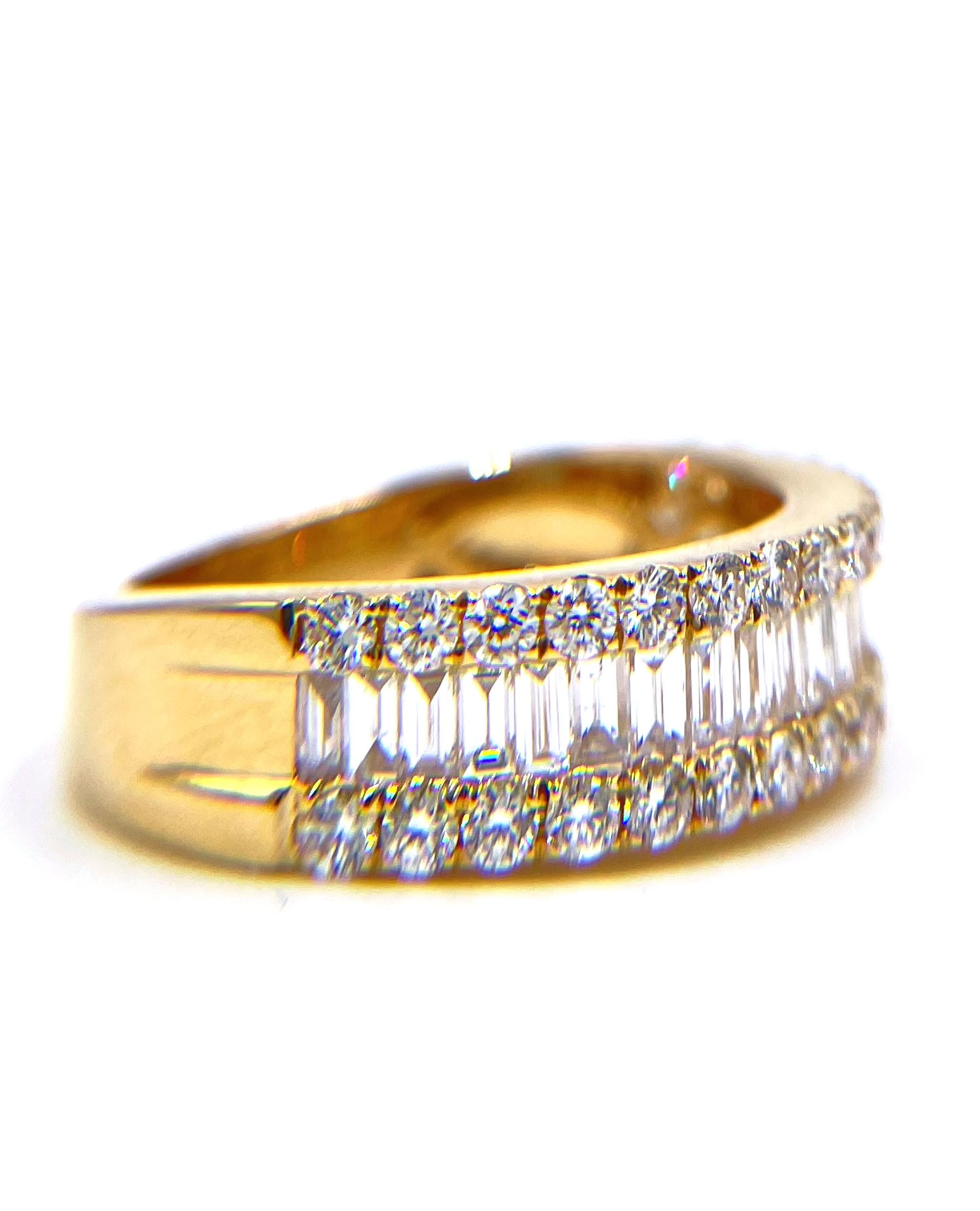 Baguette Cut Multi Row Round and Baguette Diamond Ring in 18K Yellow Gold For Sale