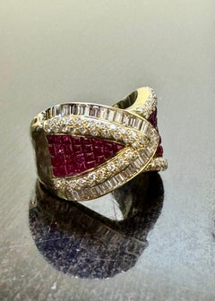 18K Yellow Gold Baguette and Round Diamond Sugar Loaf Ruby Statement Ring