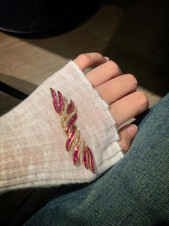 18K Yellow Gold Baguette-Cut Ruby & Diamond Feather Brooch