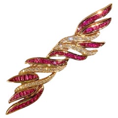 18K Gelbgold Baguetteschliff Rubin & Diamant Feder Brosche