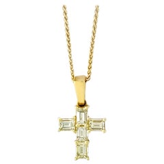 18k Yellow Gold Baguette Diamond Cross Pendant 0.90 Carat w/ 14k YG Spiga Chain