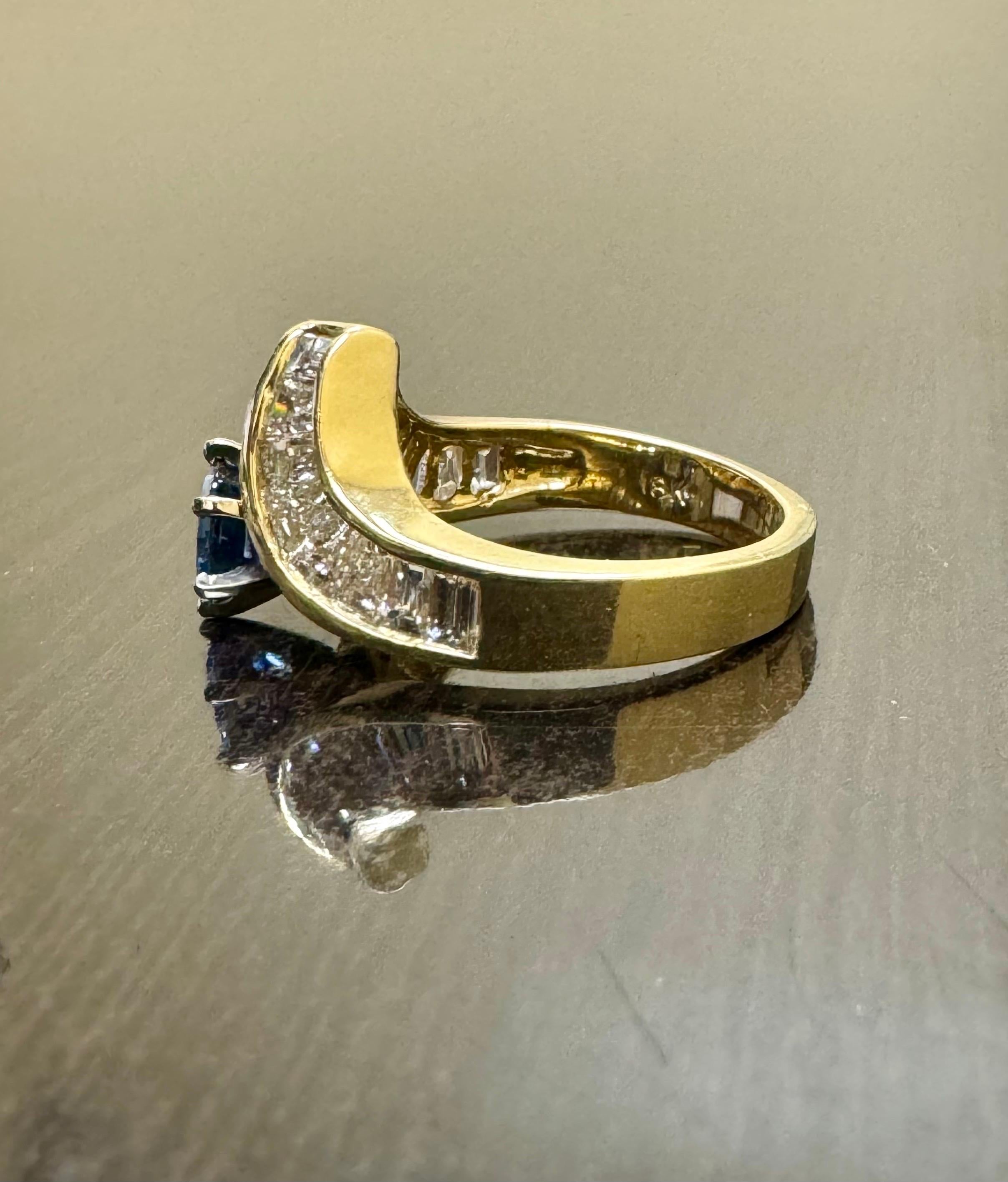18K Yellow Gold Baguette Diamond Cushion Cut Blue Sapphire Engagement Ring For Sale 6