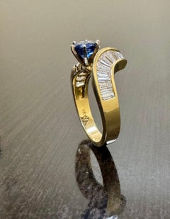 18K Yellow Gold Baguette Diamond Cushion Cut Blue Sapphire Engagement Ring