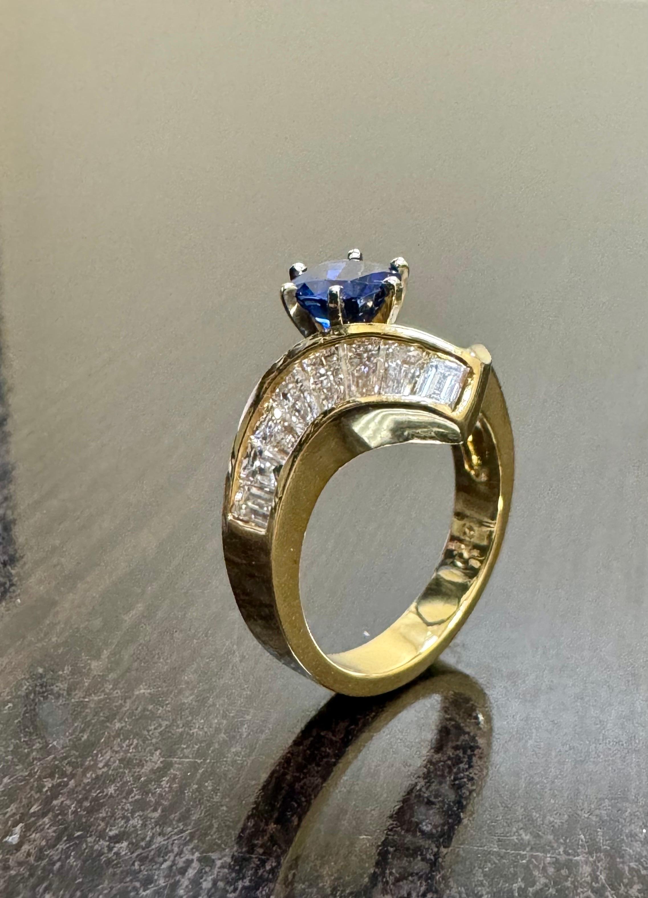 Art Deco 18K Yellow Gold Baguette Diamond Cushion Cut Blue Sapphire Engagement Ring For Sale