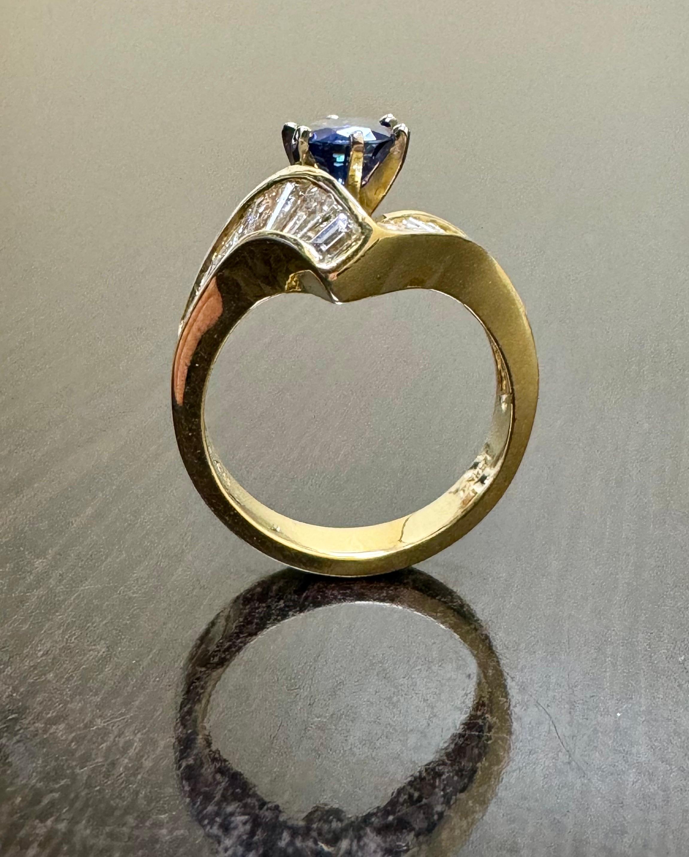 18K Yellow Gold Baguette Diamond Cushion Cut Blue Sapphire Engagement Ring In New Condition For Sale In Los Angeles, CA