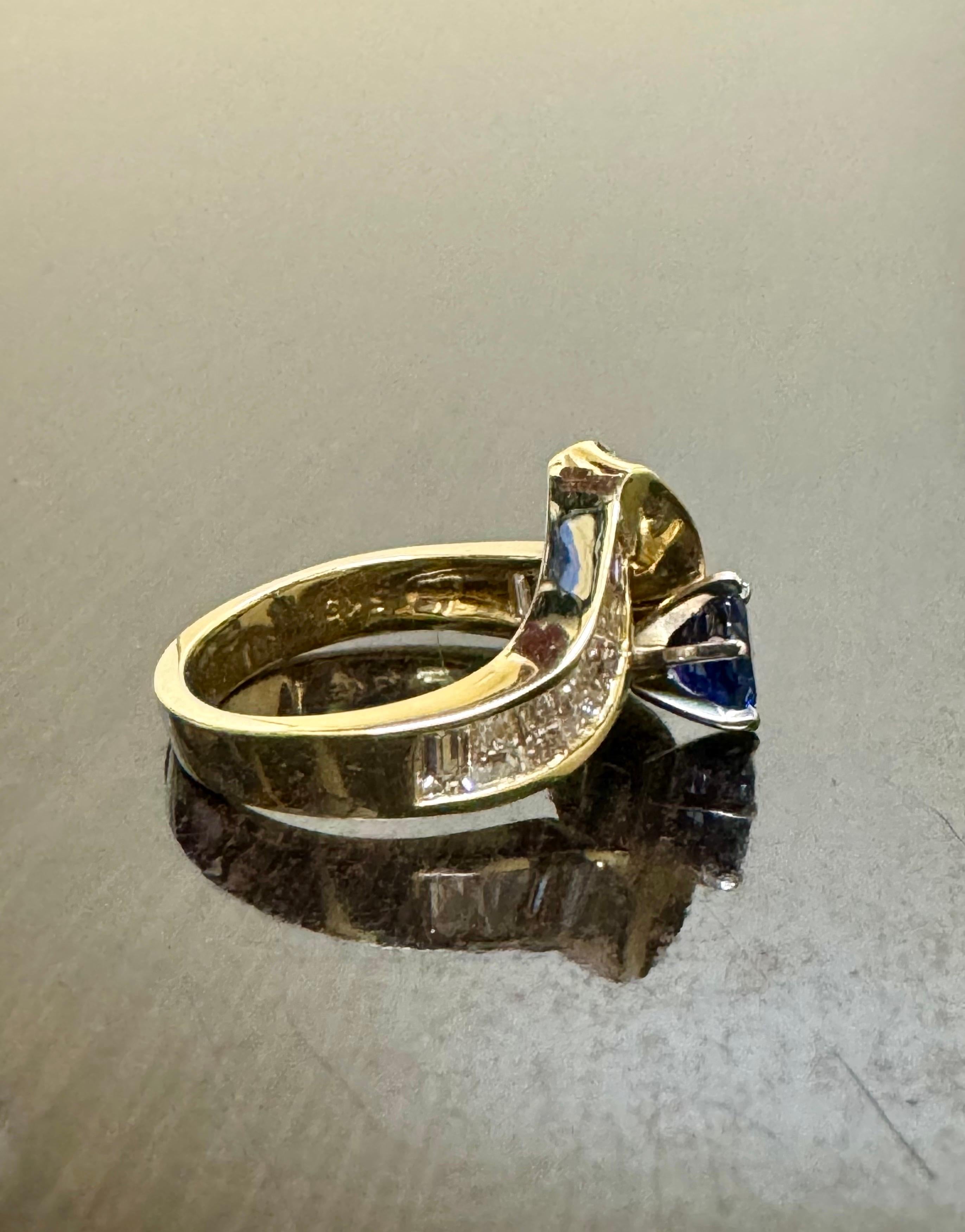 Women's or Men's 18K Yellow Gold Baguette Diamond Cushion Cut Blue Sapphire Engagement Ring For Sale