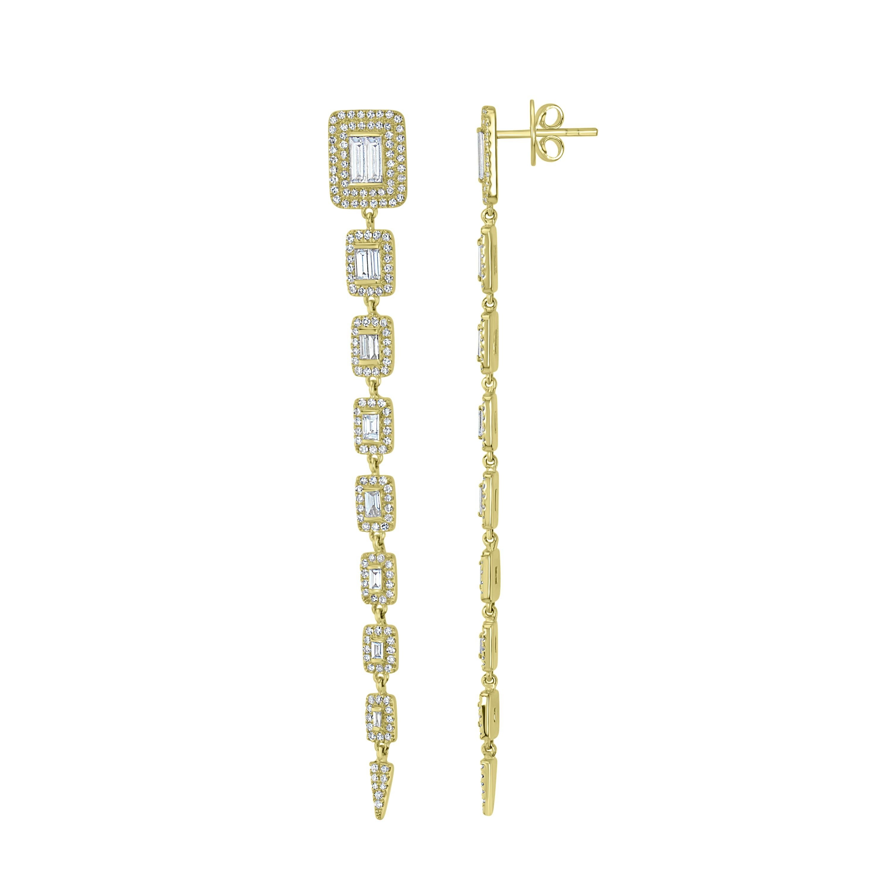 Baguette Cut 18k Yellow Gold Baguette Diamond Drop Earrings