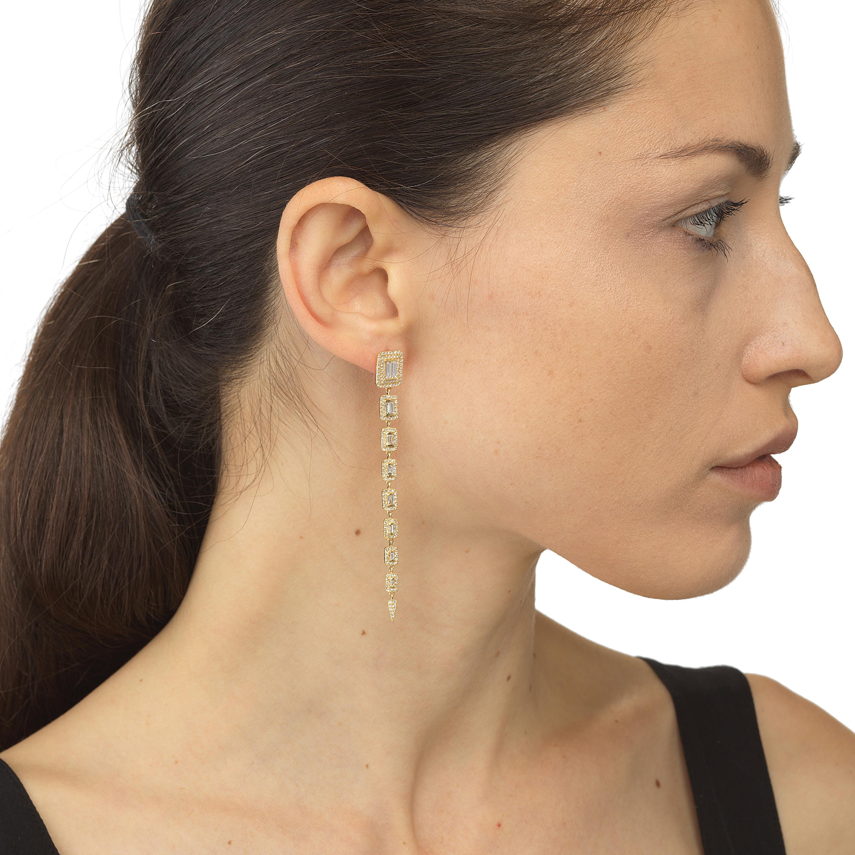 Women's 18k Yellow Gold Baguette Diamond Drop Earrings