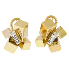 18k Yellow Gold Baguette Diamond Geometric Architecture Abstract Cube Earrings