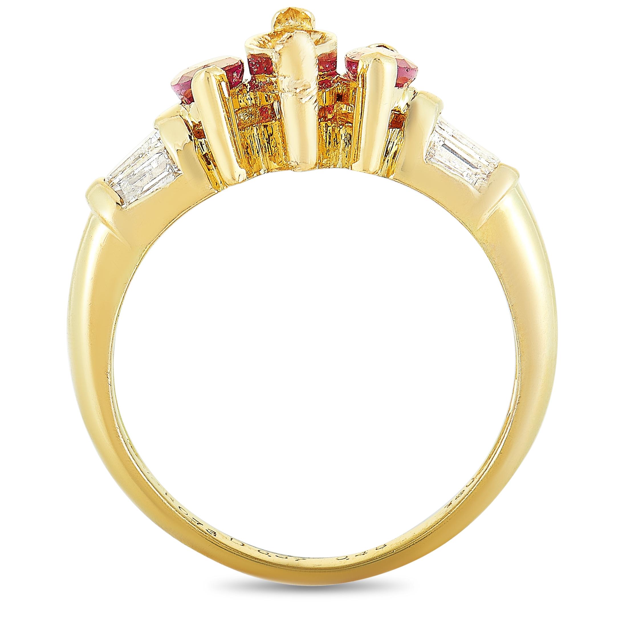 This mounting ring is crafted from 18K yellow gold and weighs 4.8 grams. It boasts band thickness of 3 mm and top height of 6 mm, while top dimensions measure 16 by 9 mm. The ring is set with rubies and baguette diamonds that total 0.73 and 0.37