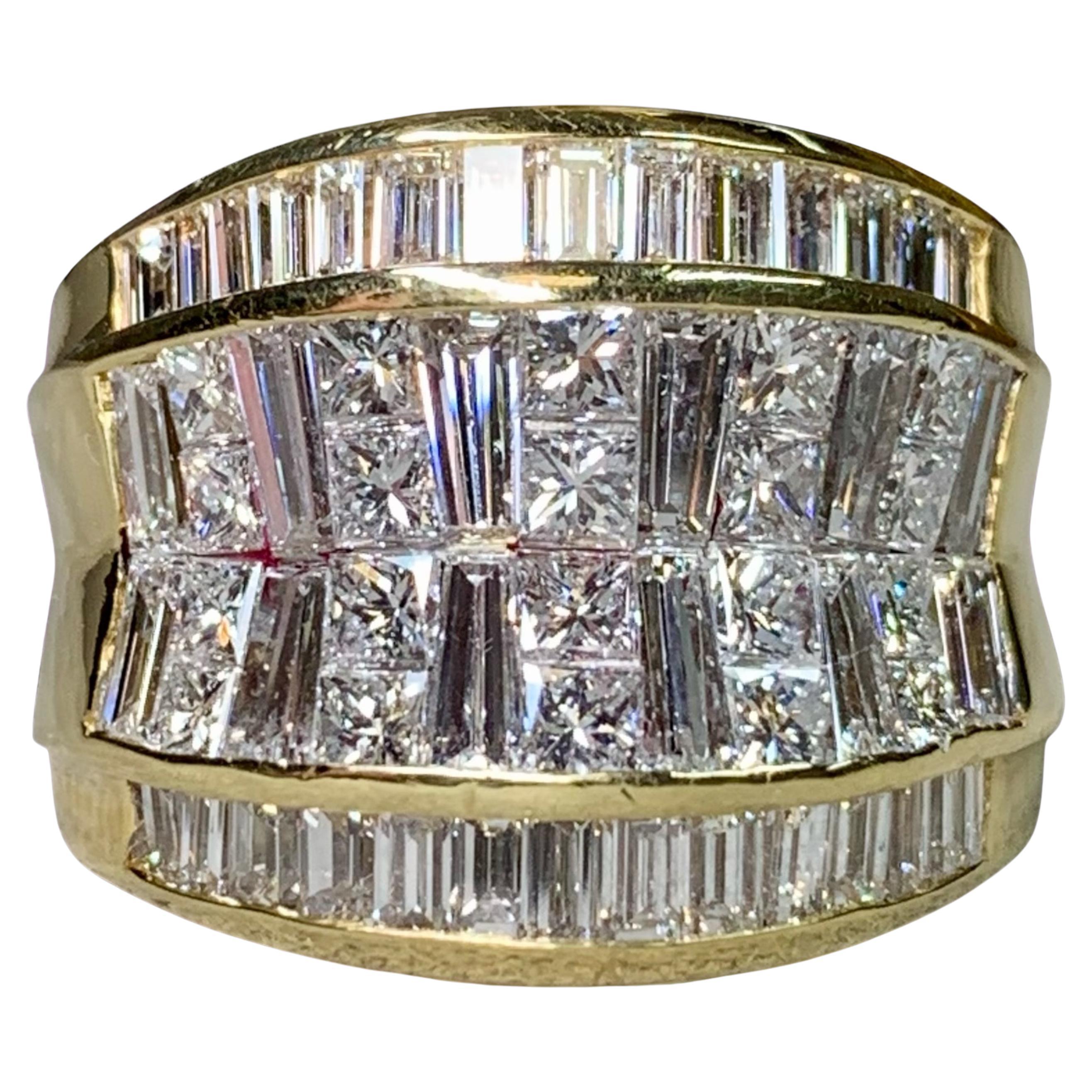 18K Gelbgold Baguette Prinzessin Illusion Großer Diamant Cocktail Ring 4,80ctw im Angebot