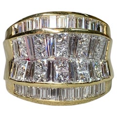 18K Gelbgold Baguette Prinzessin Illusion Großer Diamant Cocktail Ring 4,80ctw