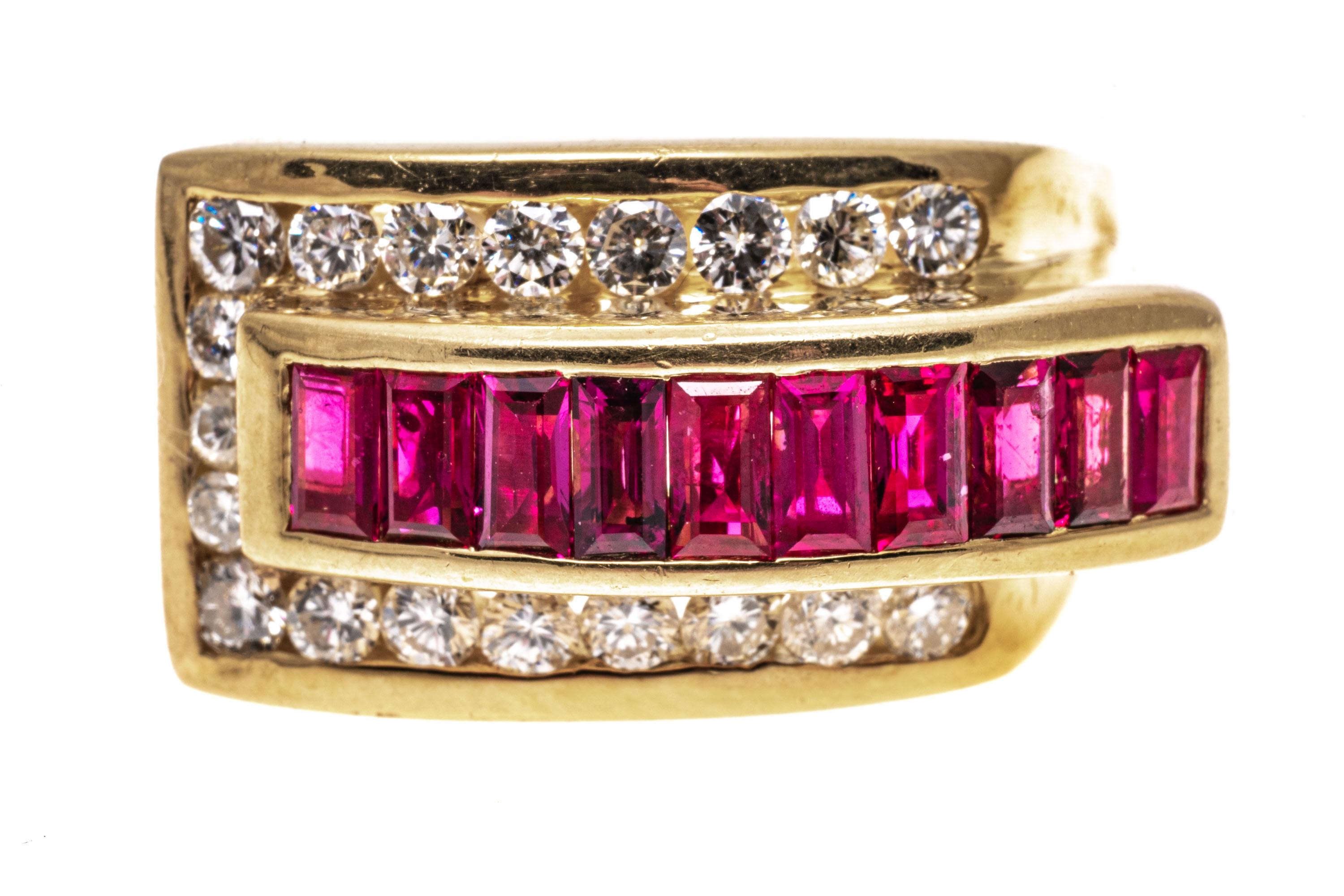 18k yellow gold ring. This beautiful retro style yellow gold ring is a buckle motif, with a center row of channel set, baguette cut pinkish red rubies, approximately 0.70 TCW, and framed by channel set round brilliant cut diamonds, approximately