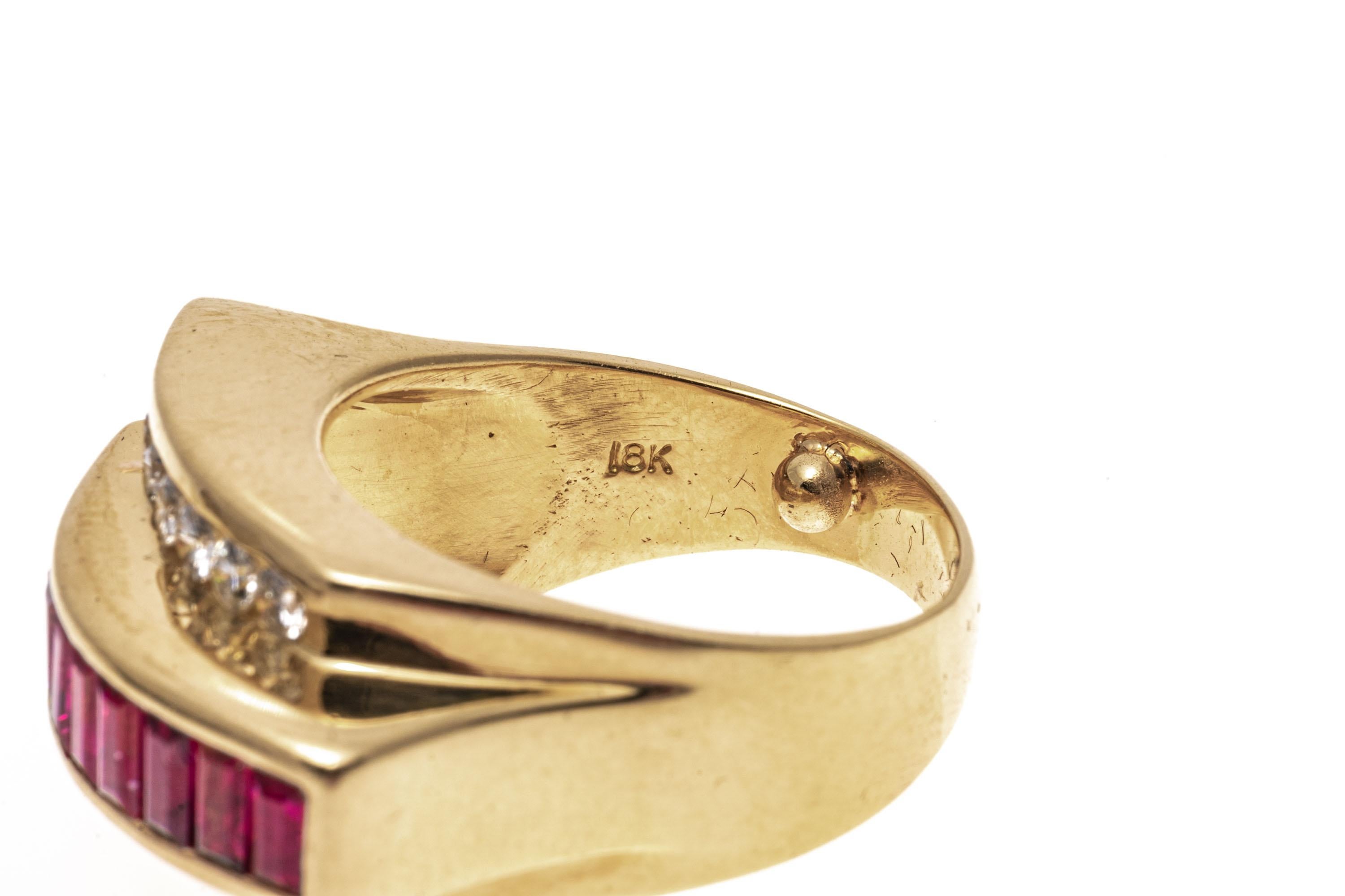 Retro 18k Yellow Gold Baguette Ruby And Diamond Buckle Motif Ring, Size 6 For Sale