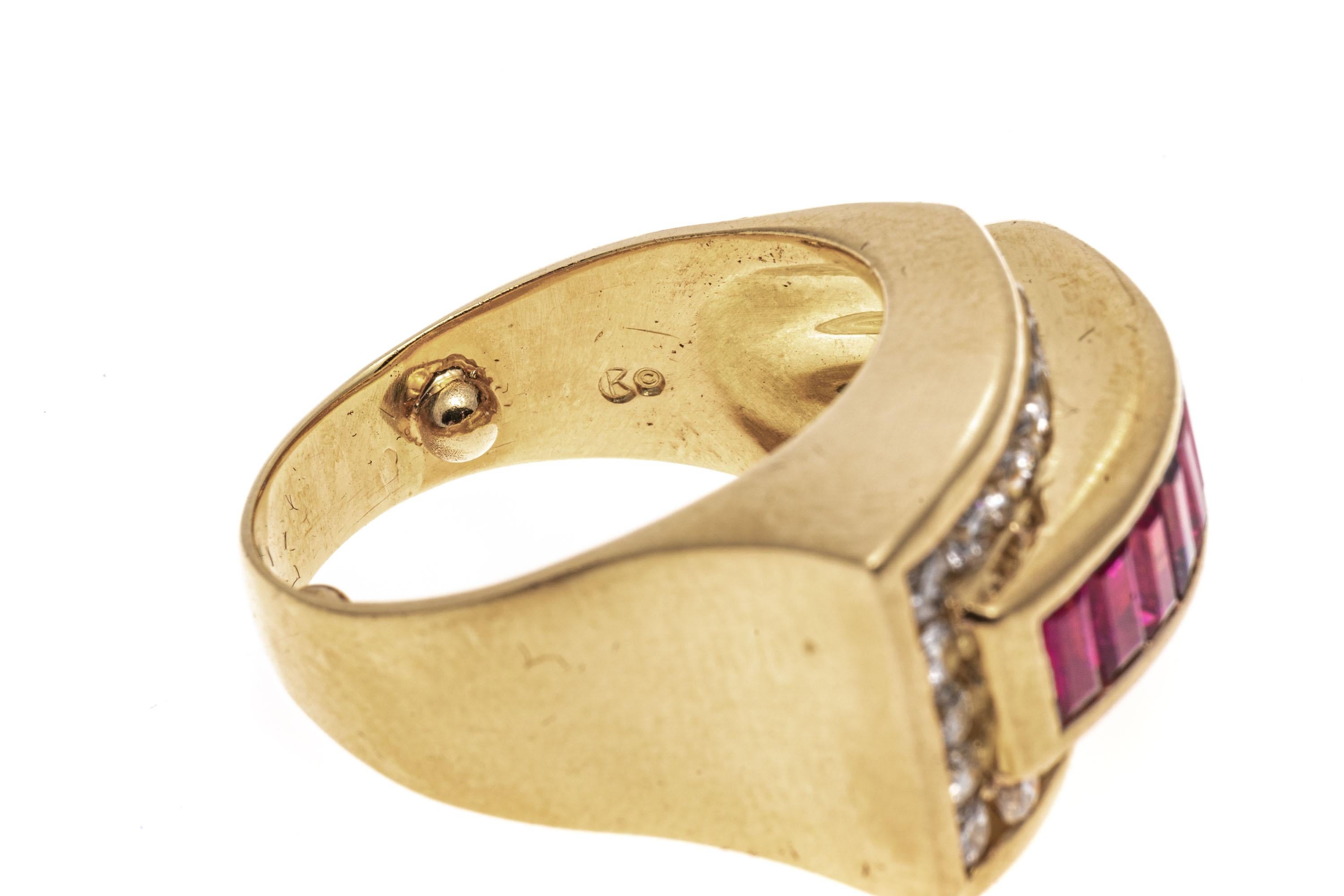 Mixed Cut 18k Yellow Gold Baguette Ruby And Diamond Buckle Motif Ring, Size 6 For Sale