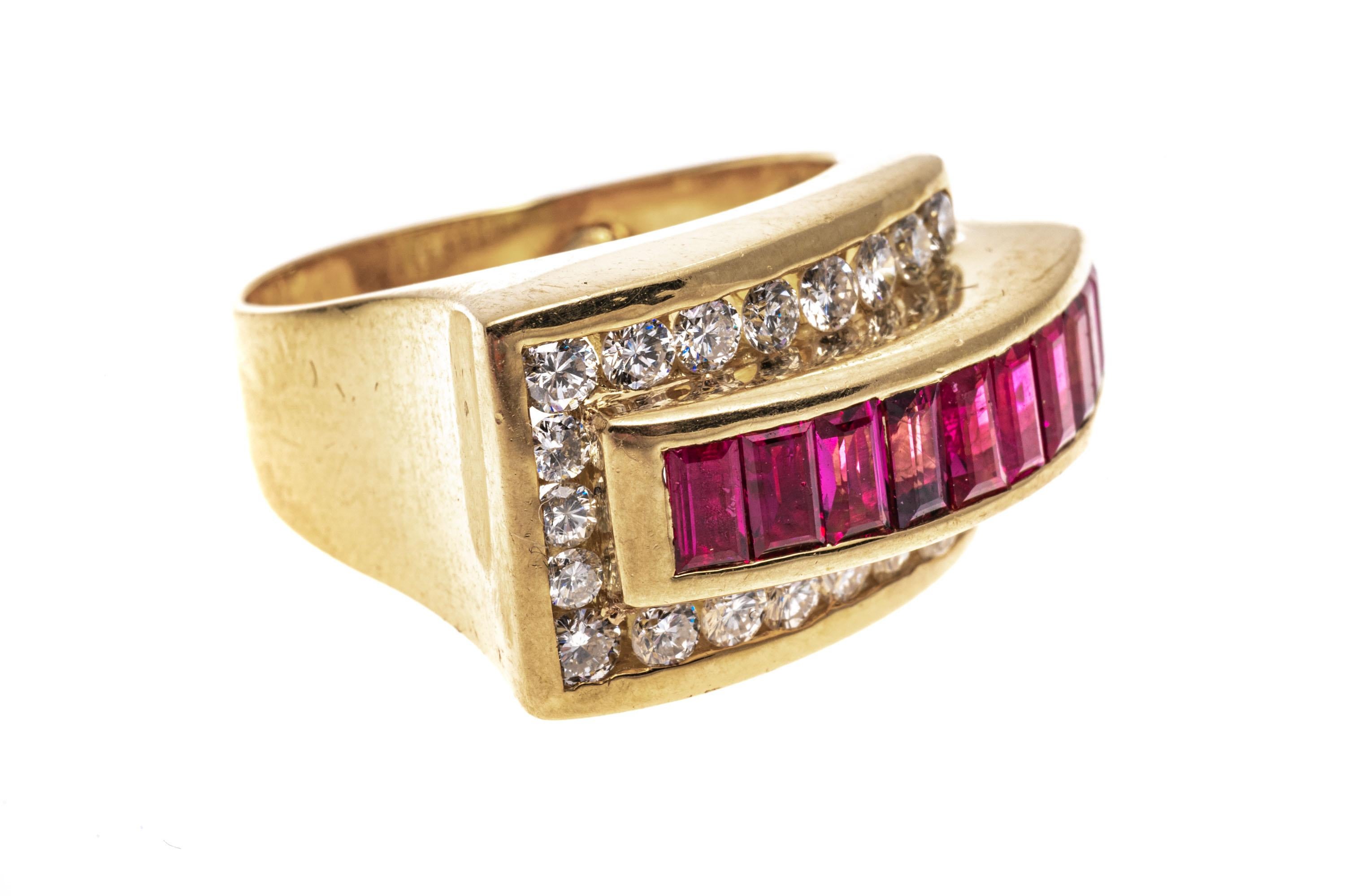 18k Yellow Gold Baguette Ruby And Diamond Buckle Motif Ring, Size 6 In Good Condition For Sale In Southport, CT
