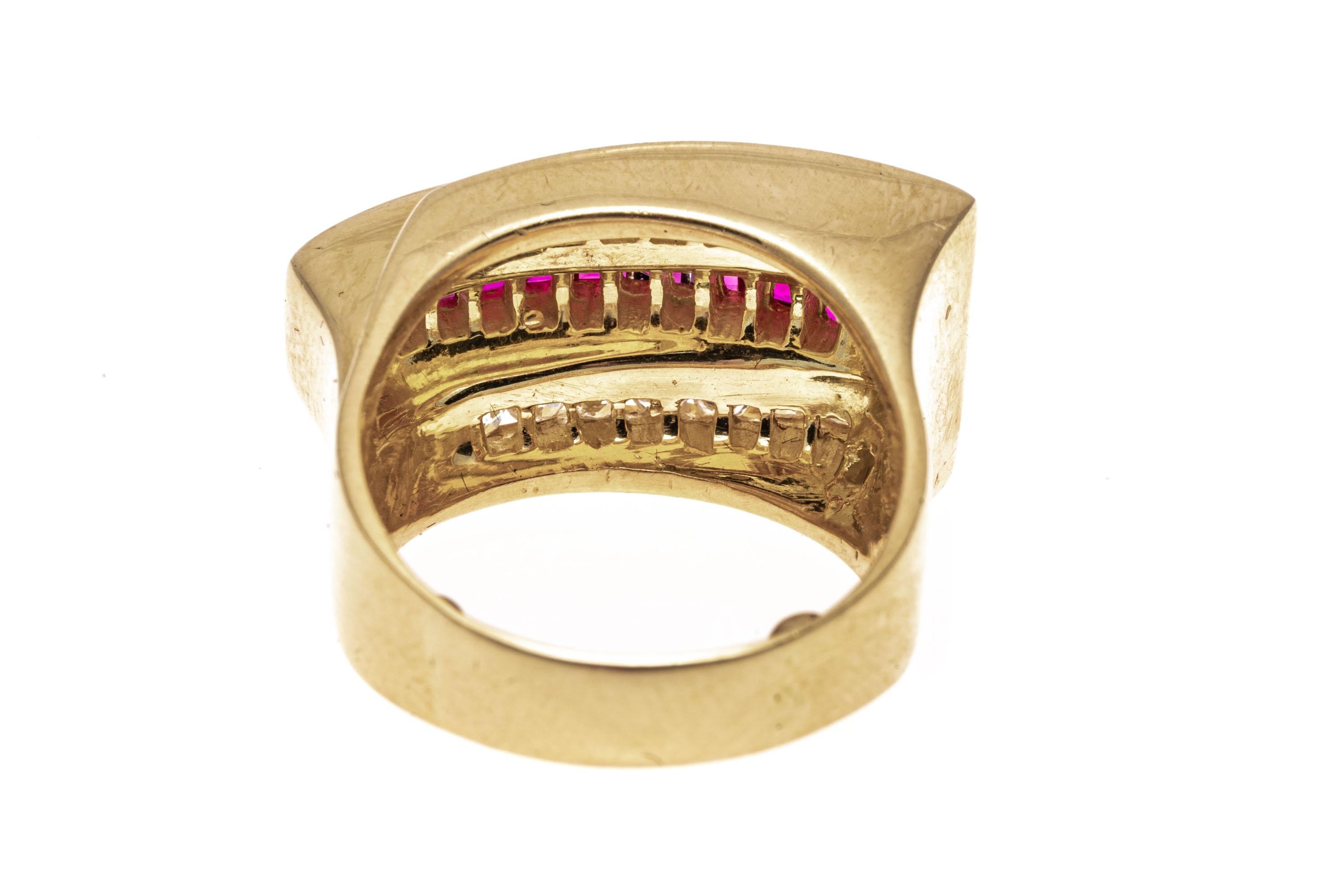 Women's 18k Yellow Gold Baguette Ruby And Diamond Buckle Motif Ring, Size 6 For Sale