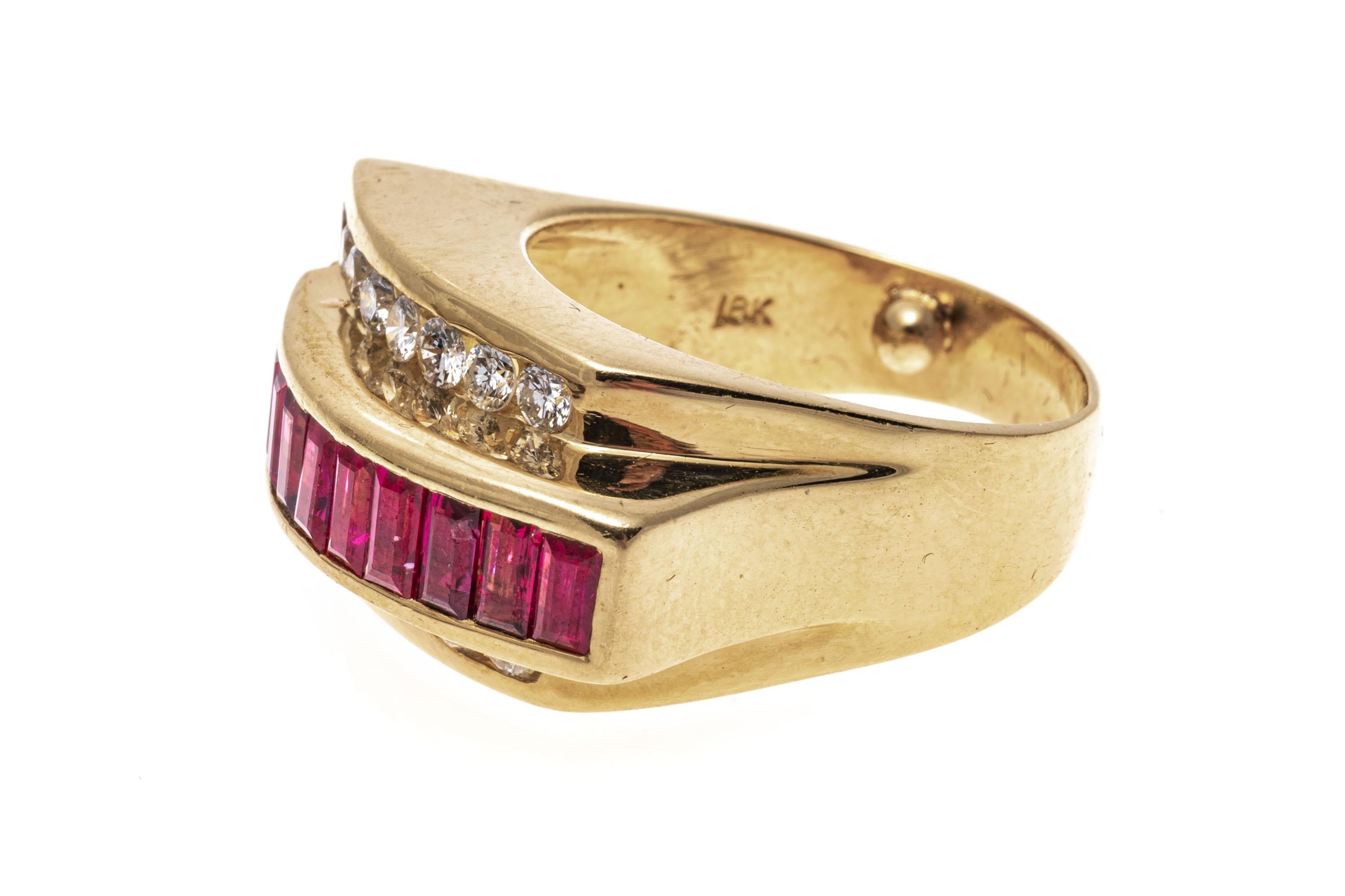 18k Yellow Gold Baguette Ruby And Diamond Buckle Motif Ring, Size 6 For Sale 1