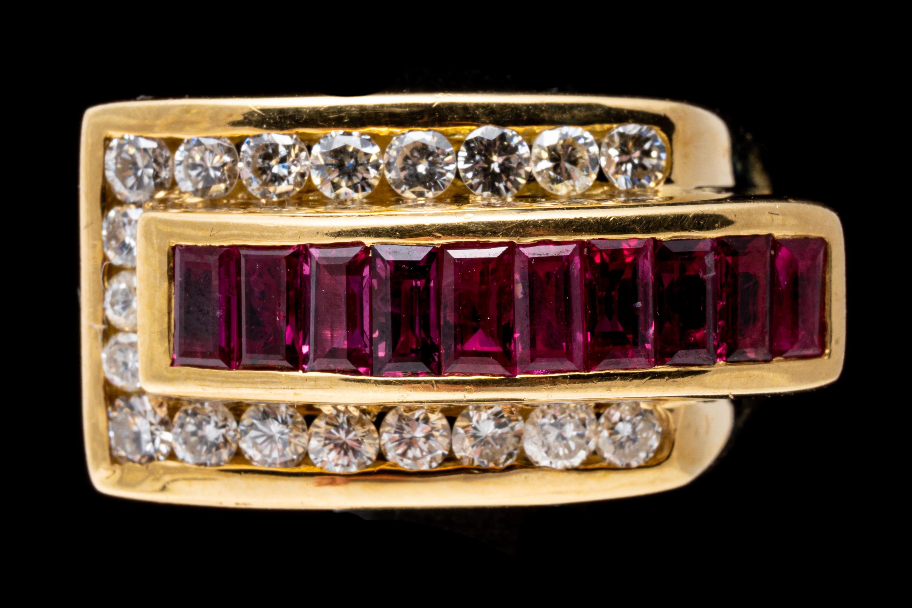 18k Yellow Gold Baguette Ruby And Diamond Buckle Motif Ring, Size 6 For Sale 2