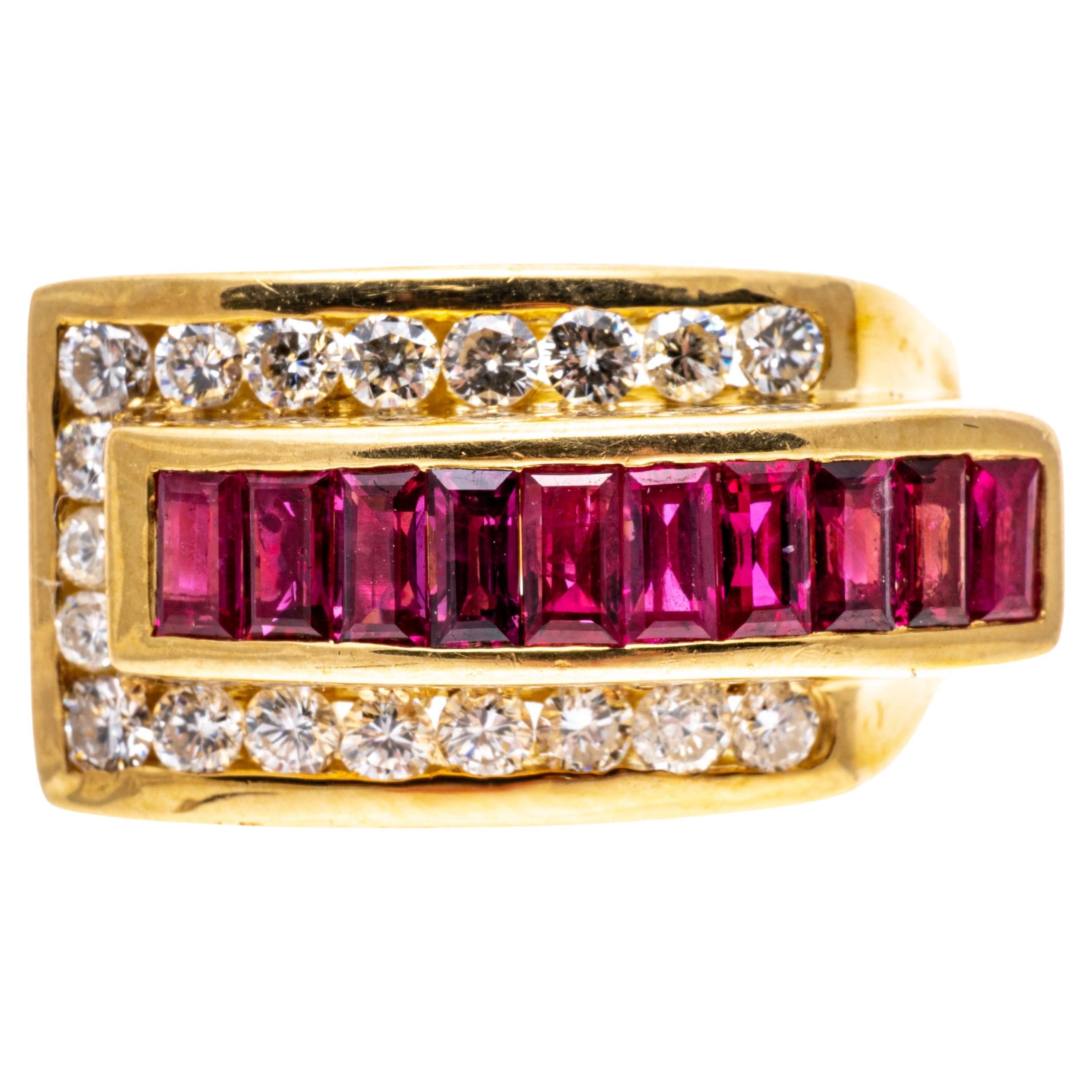 18k Yellow Gold Baguette Ruby And Diamond Buckle Motif Ring, Size 6 For Sale