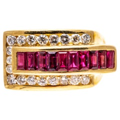 Retro 18k Yellow Gold Baguette Ruby And Diamond Buckle Motif Ring, Size 6