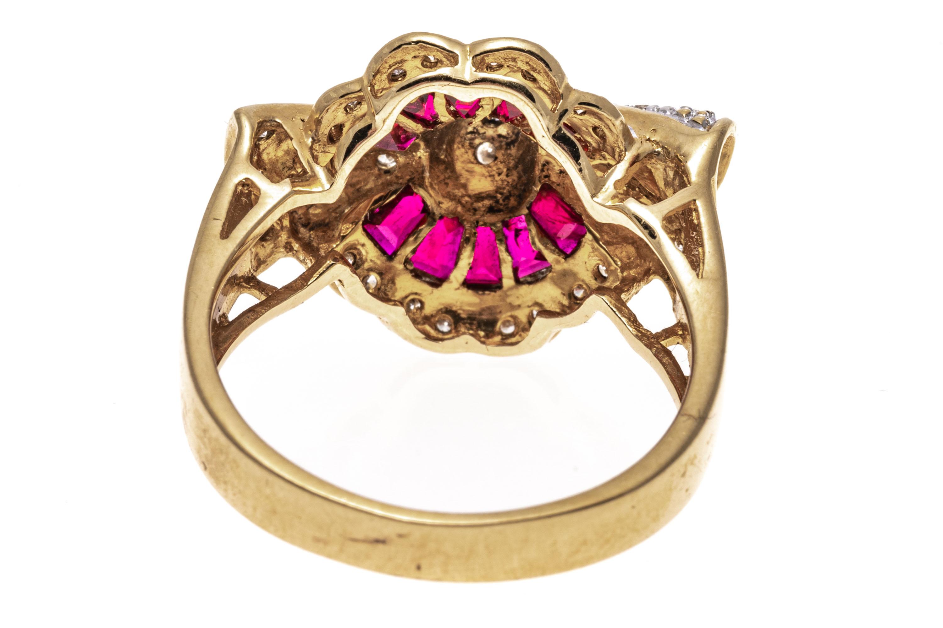 Retro 18k Yellow Gold Baguette Ruby and Pave Diamond Bow Ring For Sale