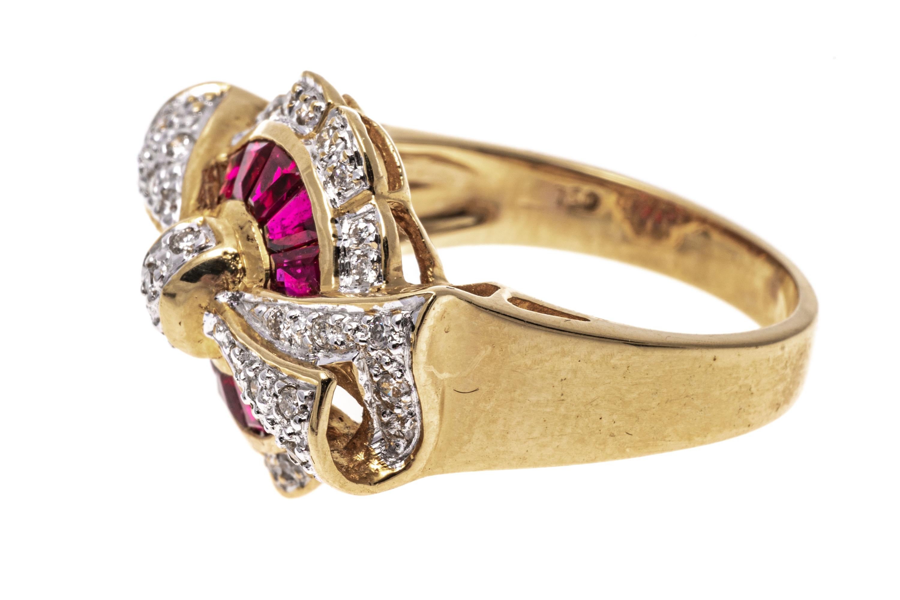 Women's 18k Yellow Gold Baguette Ruby and Pave Diamond Bow Ring For Sale