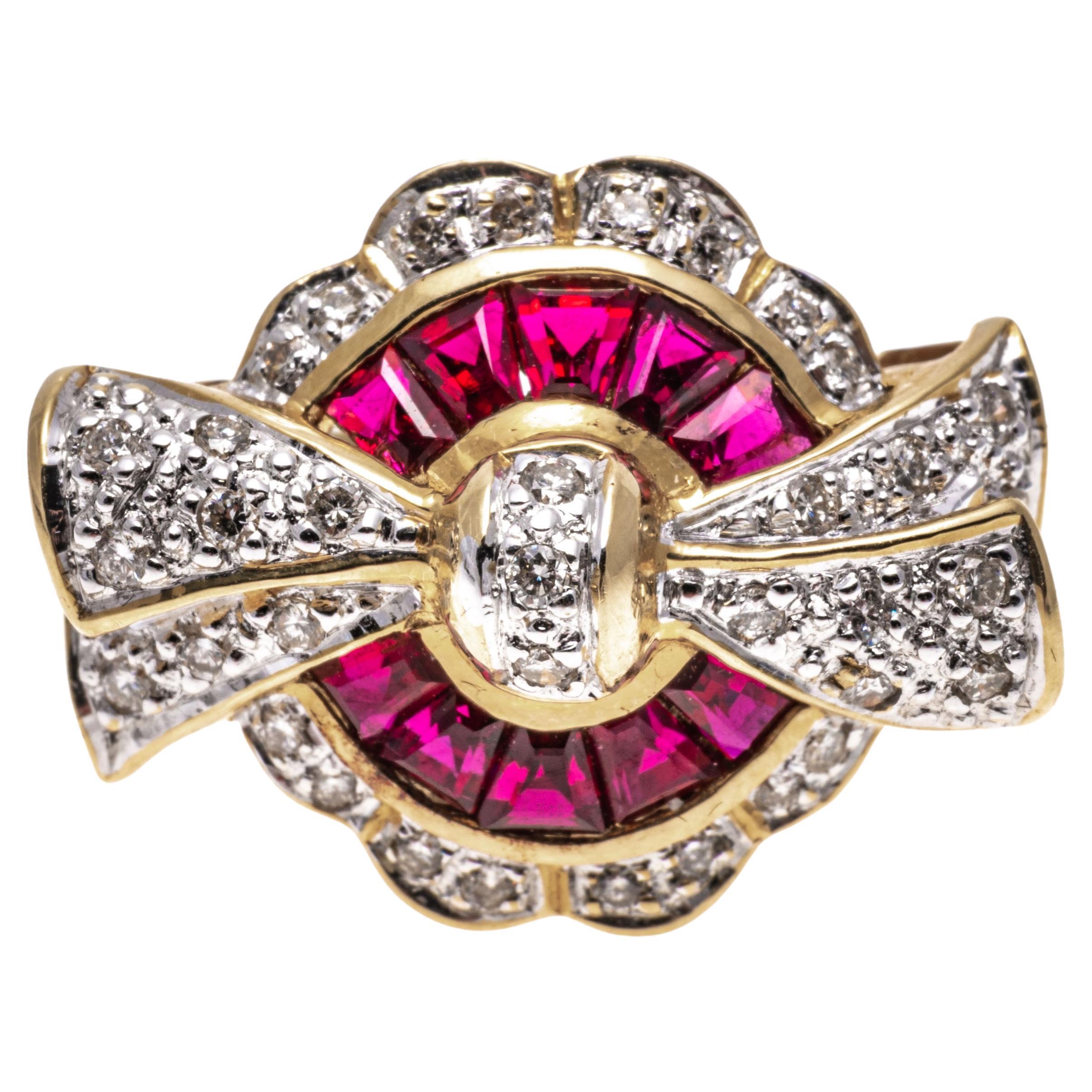 18k Yellow Gold Baguette Ruby and Pave Diamond Bow Ring For Sale